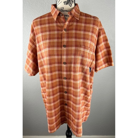 Patagonia Men’s Orange Plaid Short Sleeve Button Up Top, size Medium - Picture 1 of 10